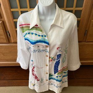 Napa Valley Quirky Conversation Piece Embroidered Embellished Blouse Large